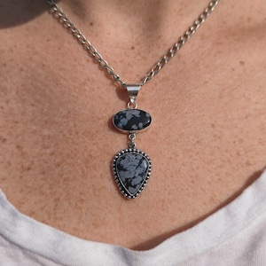 Natural Snowflake Obsidian Pendant Necklace, Cabochon Gemstone, Oval and Pear Shape Gemstone Pendant, German Silver Jewelry, Gift for Her