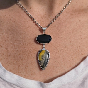 Natural Jasper, And, Natural Black Onyx Stone, Pendant Necklace, Gemstone Necklace, German Silver Crystal Jewelry, jasper And Onyx necklace,