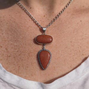 Sunstone Goldstone Pendant Necklace, Oval and Pear Shape Gemstone Jewelry, Silver Plated Statement Pendant, Elegant Gift for Her,