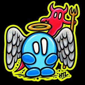 Op de afbeelding: Een cartoonillustratie met een rond blauw personage met witte vleugels en een gouden halo. Daarachter houdt een rode duivelsfiguur een gouden hooivork vast. Het ontwerp is omlijnd met een felle neongele gloed tegen een zwarte achtergrond.