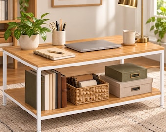 Handmade Coffee Table, 2 Tier Wood Look Table with Storage Shelf and Metal Frame