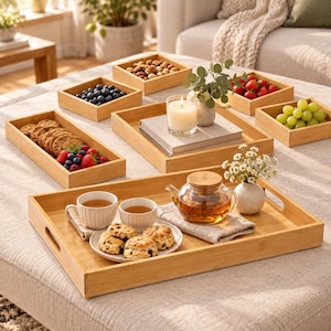 May include: A collection of bamboo serving trays and square bowls containing various snacks including blueberries, strawberries, grapes, nuts, and cookies. A glass teapot, two ribbed mugs, a lit candle, and small vases with flowers are arranged on the trays.