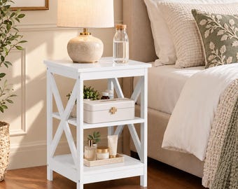 White End Table, 3 Tier Side Table with Storage, X-Frame Nightstand