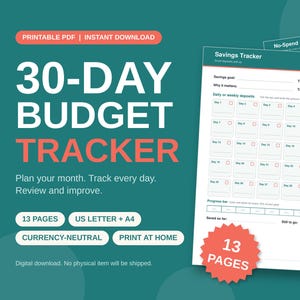 Può includere: Un tracker di budget di 30 giorni in PDF stampabile su sfondo verde acqua. Il documento presenta un tracker di risparmio con campi per obiettivi, importi target e depositi giornalieri. Include 13 pagine in formato US Letter e A4.
