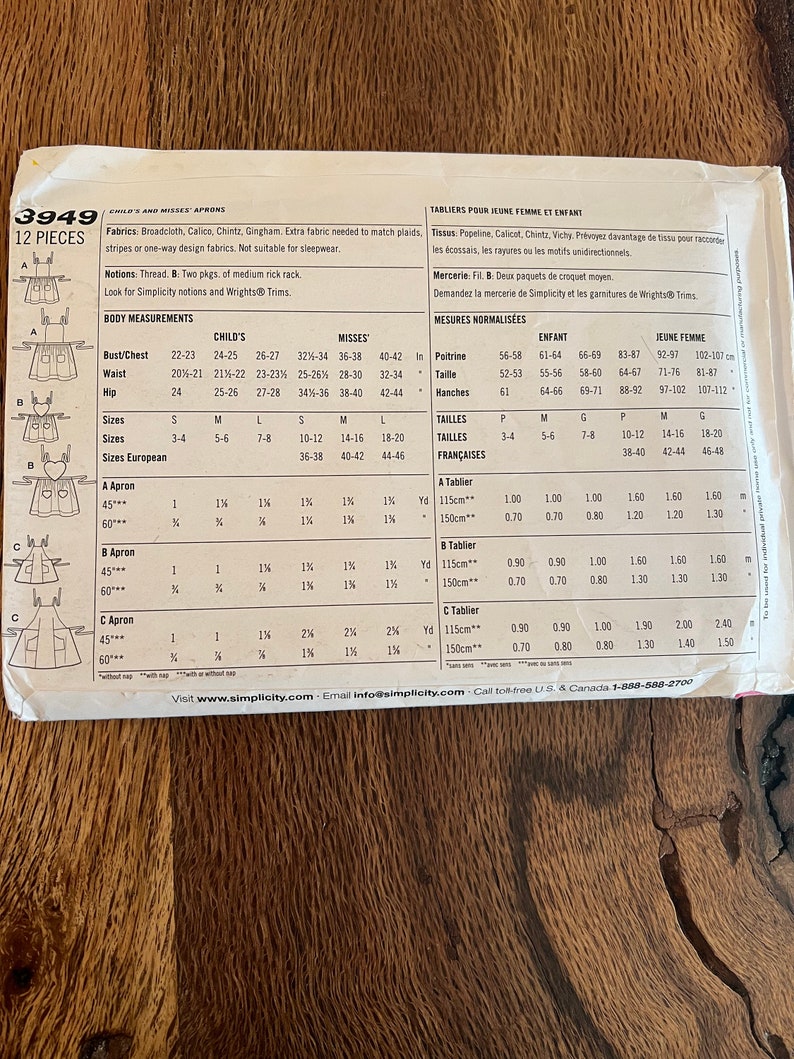 Simplicity 3949 Apron Sewing Pattern Size SL Kids Size SL Etsy