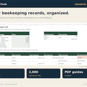 Beekeeping Spreadsheet for Excel | Hive Inspection Log, Honey Harvest & Expense Tracker | Beekeeper OS