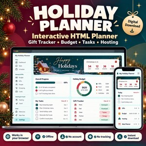 May include: A digital holiday planner displayed on a laptop and smartphone screen. The interface features a dashboard with a countdown to Christmas, task lists, a budget tracker, and gift tracking sections with text labels.