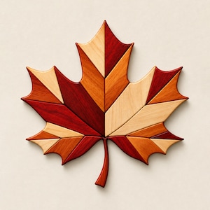 May include: A decorative maple leaf wall art piece constructed from multiple segments of wood in varying shades of cream, light orange, medium brown, and deep red. The segments are arranged in a geometric pattern to form the leaf shape.