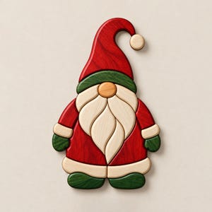 May include: A wooden gnome figurine featuring a red hat with a light wood pom-pom, a green brim, a light wood nose, a long light wood beard, a red coat with light wood cuffs and hem, and green boots. The piece is constructed from segmented wood.