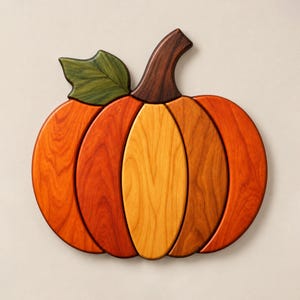 Pode incluir: Uma peça decorativa de parede em madeira com formato de abóbora, composta por painéis segmentados em tons variados de laranja, amarelo e castanho. O design apresenta um caule curvo castanho escuro e uma folha verde, com veios de madeira visíveis.
