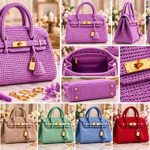 May include: A purple crocheted handbag featuring gold-tone hardware, a turn-lock closure, and a hanging padlock charm. The bag has dual top handles and a structured base with four metal feet. Additional color variations include pink, beige, green, blue, red, and black.