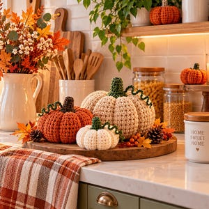 May include: Three crocheted pumpkins in orange, beige, and white sit on a round wooden board. Each pumpkin features a dark green stem and a curly vine. The display includes small pinecones and orange berries, placed on a kitchen counter with a plaid towel.