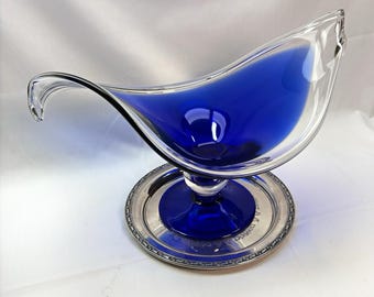 Cobalt Blue Clear Art Glass Pedestal Bowl Murano Style Freeform Centerpiece