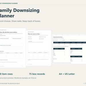 Family Downsizing Planner, Parent Move Organizer with Excel Item Log, Box Tracker and Printable Worksheets