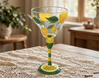Hand Painted Margarita Glass, Lemon Cocktail Glass, Colorful Citrus Stemware, Summer Bar Glassware