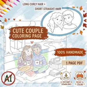 Peut inclure: Une page de coloriage numérique représentant un couple en pique-nique avec le texte CUTE COUPLE COLORING PAGE, LONG CURLY HAIR + SHORT STRAIGHT HAIR, 100% HANDMADE, 1 PAGE PDF, INSTANT DOWNLOAD, PRINT & COLOR et un symbole anti-IA.