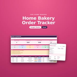 Op de afbeelding: Een digitaal Home Bakery Order Tracker spreadsheet-sjabloon voor Google Sheets en Excel. De interface bevat een bakkerij-dashboard met besteloverzichten, pijplijnstatus, waarschuwingen en een gedetailleerde weergave van een bestelbon.