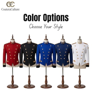 May include: Five military-style jackets on mannequins in red, black, bright blue, navy blue, and white. Each jacket features a high collar, double-breasted gold buttons, shoulder epaulets, and contrasting cuffs. Text reads: CoateraCulture Color Options Choose Your Style.