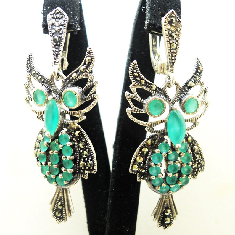 armenian jewelry Owl earrings emerald sterling silver green earrings marcasite stones green energy jewelry owl earrings gift for womens