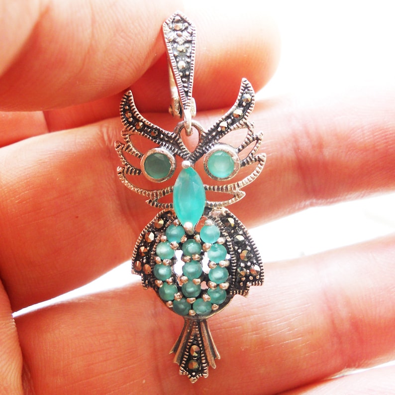 armenian jewelry Owl earrings emerald sterling silver green earrings marcasite stones green energy jewelry owl earrings gift for womens