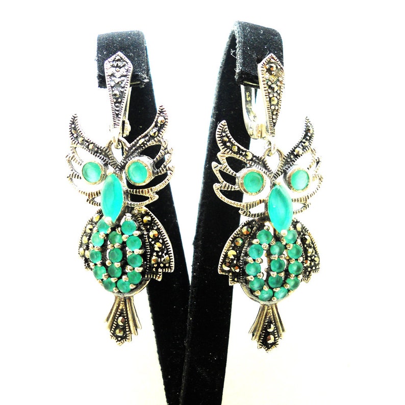 armenian jewelry Owl earrings emerald sterling silver green earrings marcasite stones green energy jewelry owl earrings gift for womens