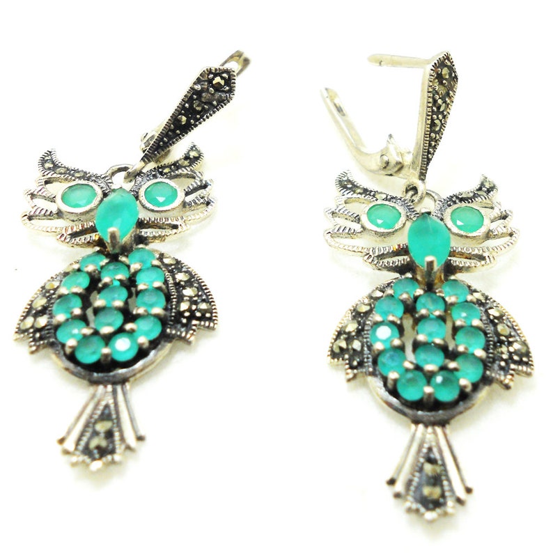 armenian jewelry Owl earrings emerald sterling silver green earrings marcasite stones green energy jewelry owl earrings gift for womens