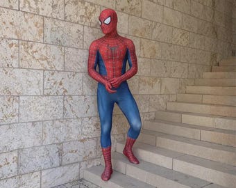 Red and Blue Masked Hero Costume for Men, Adult Superhero Bodysuit with Full Face Mask, Halloween Cosplay Outfit for Men
