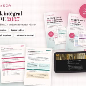 Peut inclure: Un pack d'étude Craie & Café CRPE 2027 comprenant deux kits imprimés, un planning de révision et un espace Notion numérique. Le matériel inclut des guides de français et mathématiques, des flashcards et une tablette avec le tableau.