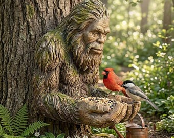 Detaillierte Vogelhaus-Statue in Form eines Ent oder Bigfoot, Hände in Schalenform, rustikale Holzskulptur eines Waldwächters, ideales Geschenk für Vogelliebhaber