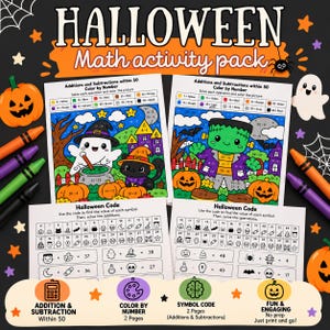 May include: A Halloween maths activity pack featuring two colour-by-number sheets with ghost, cat, and monster illustrations, plus two Halloween code worksheets for addition and subtraction within 50. Includes colourful crayons and festive icons.