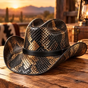Black Gold Python Snakeskin Cowboy Hat, Handmade Western Rodeo Hat