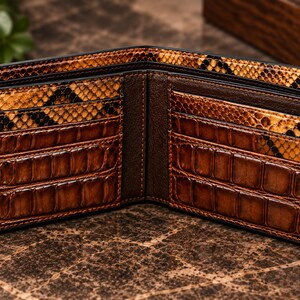 May include: A bi-fold wallet featuring a combination of brown crocodile-textured leather and a tan and black snakeskin-patterned interior. The wallet includes multiple horizontal card slots and a central compartment, all finished with black edges.