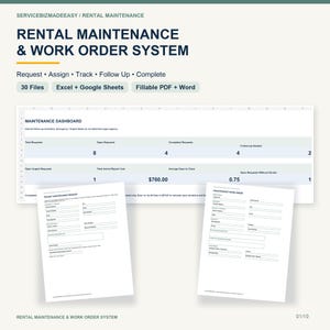 Può includere: Un sistema digitale per la manutenzione degli affitti e gli ordini di lavoro, con una dashboard per richieste e costi, insieme a due moduli stampabili per le richieste di manutenzione e gli ordini di lavoro.