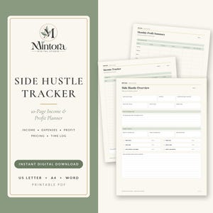 May include: A digital side hustle tracker planner with a cream background and sage green accents. The document features the text Mintora Digital Studio, Side Hustle Tracker, 10-Page Income & Profit Planner, Income, Expenses, Profit, Pricing, Time Log.