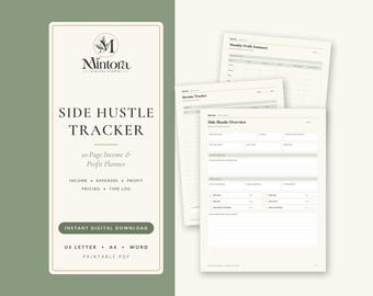 May include: A digital side hustle tracker planner with a cream background and sage green accents. The document features the text Mintora Digital Studio, Side Hustle Tracker, 10-Page Income & Profit Planner, Income, Expenses, Profit, Pricing, Time Log.