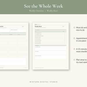 May include: Two digital planner pages with a cream background and sage green accents. The left page is titled Weekly Overview with a schedule grid. The right page is titled Weekly Reset with a checklist. Text includes Must do and nice to do, Appointments in one place, A 15-minute reset checklist, and Plan what to try next week.