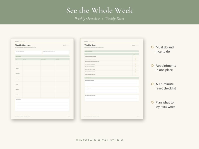 May include: Two digital planner pages with a cream background and sage green accents. The left page is titled Weekly Overview with a schedule grid. The right page is titled Weekly Reset with a checklist. Text includes Must do and nice to do, Appointments in one place, A 15-minute reset checklist, and Plan what to try next week.