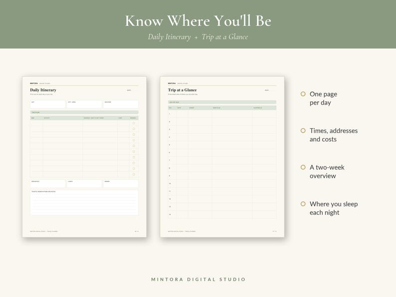 May include: A digital travel planner template featuring two pages titled Daily Itinerary and Trip at a Glance. The layout includes sections for dates, times, addresses, and costs, with a soft sage green and cream color scheme and text labels.