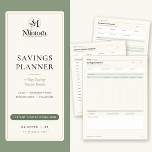 May include: A 10-page savings planner bundle featuring a digital download cover with the Mintora Digital Studio logo and text Savings Planner, alongside three printable PDF pages for tracking goals, emergency funds, and savings challenges.