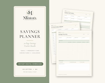 May include: A 10-page savings planner bundle featuring a digital download cover with the Mintora Digital Studio logo and text Savings Planner, alongside three printable PDF pages for tracking goals, emergency funds, and savings challenges.