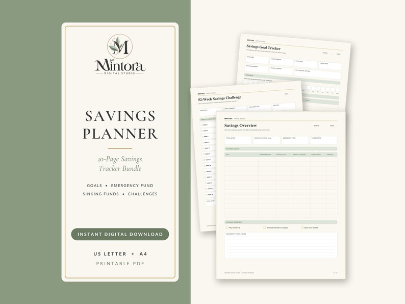 May include: A 10-page savings planner bundle featuring a digital download cover with the Mintora Digital Studio logo and text Savings Planner, alongside three printable PDF pages for tracking goals, emergency funds, and savings challenges.