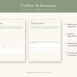 May include: A digital planner set featuring a Utilities Tracker and an Insurance & Policy Organizer. The pages are cream-colored with sage green headers and grid lines. Text includes 'Utilities & Insurance', 'Utilities Tracker', and 'Insurance & Policy Organizer' with bulleted lists of features on the right side.