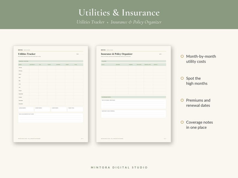 May include: A digital planner set featuring a Utilities Tracker and an Insurance & Policy Organizer. The pages are cream-colored with sage green headers and grid lines. Text includes 'Utilities & Insurance', 'Utilities Tracker', and 'Insurance & Policy Organizer' with bulleted lists of features on the right side.