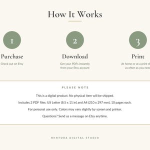 May include: An instructional graphic titled How It Works with three green circles numbered 1, 2, and 3. The steps are Purchase, Download, and Print. A box below notes this is a digital product with 2 PDF files: US Letter (8.5 x 11 in) and A4 (210 x 297 mm).