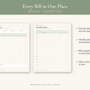 May include: A digital bill tracker template featuring a Bill Overview and Annual Bill Calendar page. The layout includes columns for bill name, due date, amount, and status. Text includes Every Bill in One Place, Bill Overview, and Annual Bill Calendar.