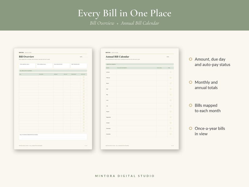 May include: A digital bill tracker template featuring a Bill Overview and Annual Bill Calendar page. The layout includes columns for bill name, due date, amount, and status. Text includes Every Bill in One Place, Bill Overview, and Annual Bill Calendar.