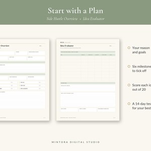 May include: Two off-white planning sheets titled Side Hustle Overview and Idea Evaluator with sage green accents. The text includes Start with a Plan, Your reason and goals, Six milestones to tick off, Score each idea out of 20, and A 14-day test.
