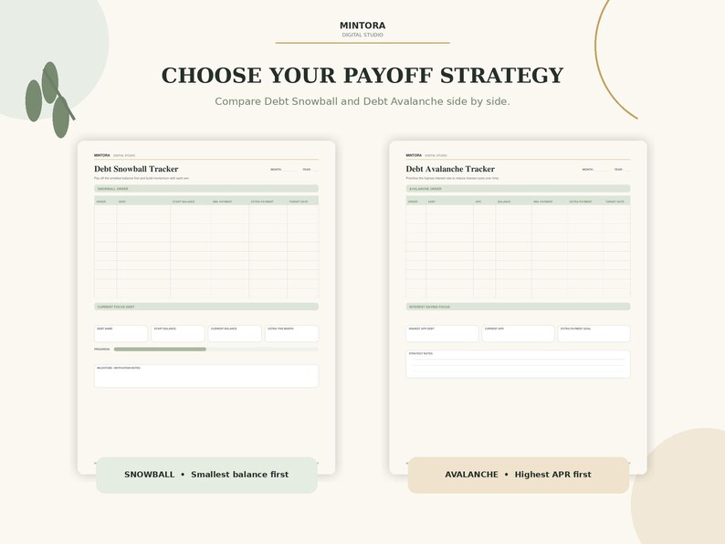 Puede incluir: Un planificador digital de estrategia de pago de deudas con dos plantillas lado a lado tituladas Debt Snowball Tracker y Debt Avalanche Tracker. Los formularios incluyen columnas para nombre de deuda, saldo, tasa de inter&eacute;s y pago, con un esquema de color beige y verde salvia.