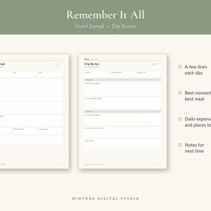 May include: Two off-white digital travel journal pages titled Travel Journal and Trip Review with sage green accents. The pages feature lined sections for daily notes, expenses, and trip highlights. Text includes Remember It All and Mintora Digital Studio.