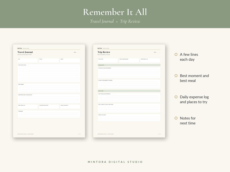 May include: Two off-white digital travel journal pages titled Travel Journal and Trip Review with sage green accents. The pages feature lined sections for daily notes, expenses, and trip highlights. Text includes Remember It All and Mintora Digital Studio.